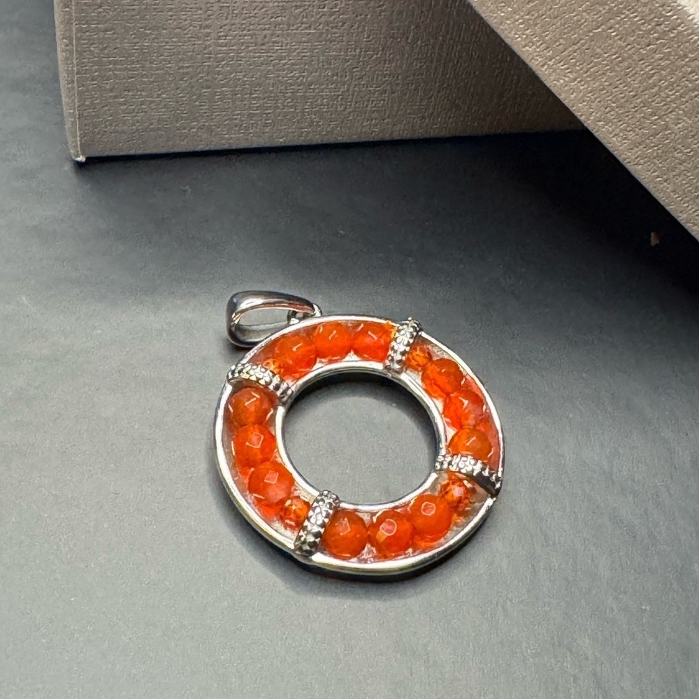 Carnelian Circle Pendant in Stainless Steel.